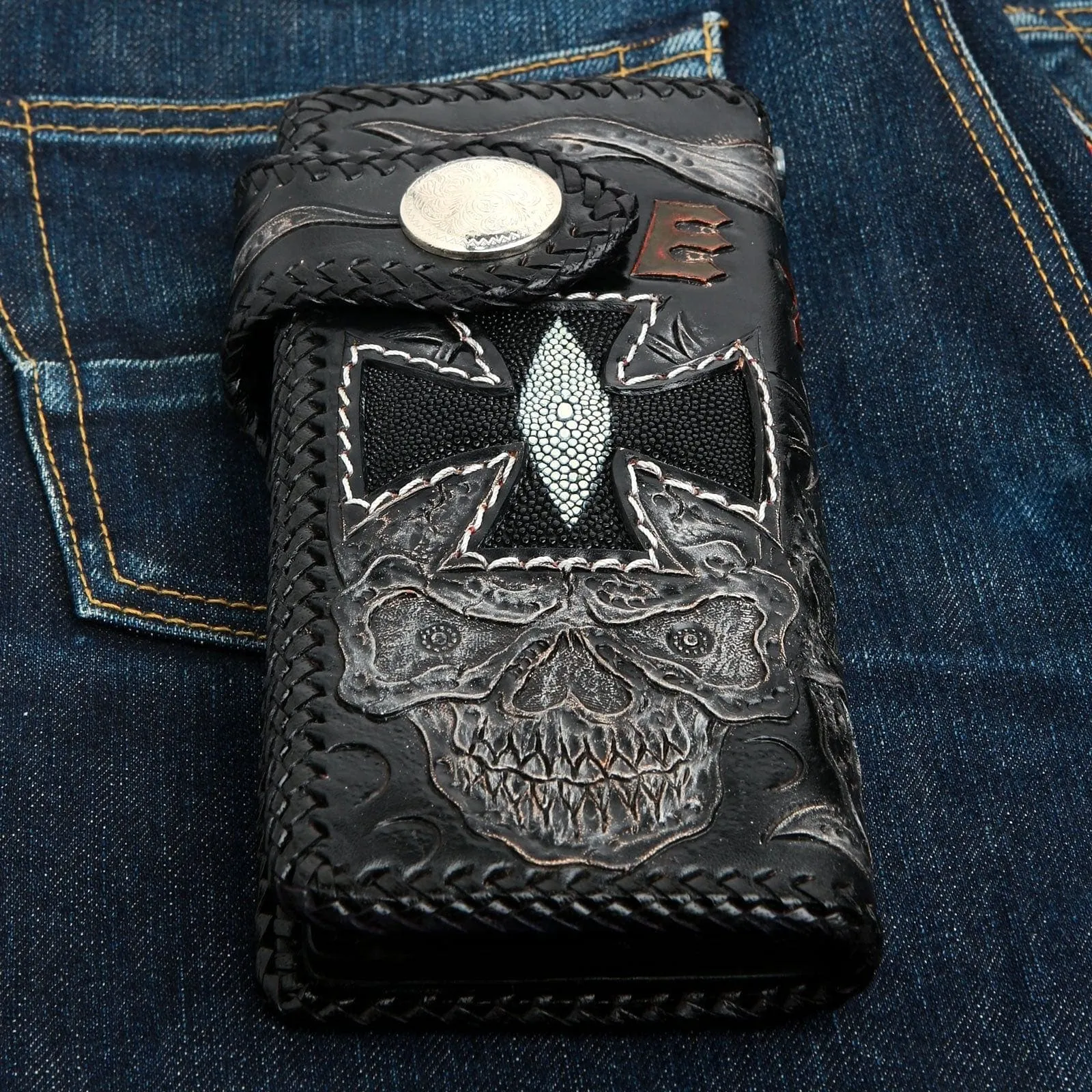 Vintage Skull Genuine Stingray Leather Men's Biker Wallet