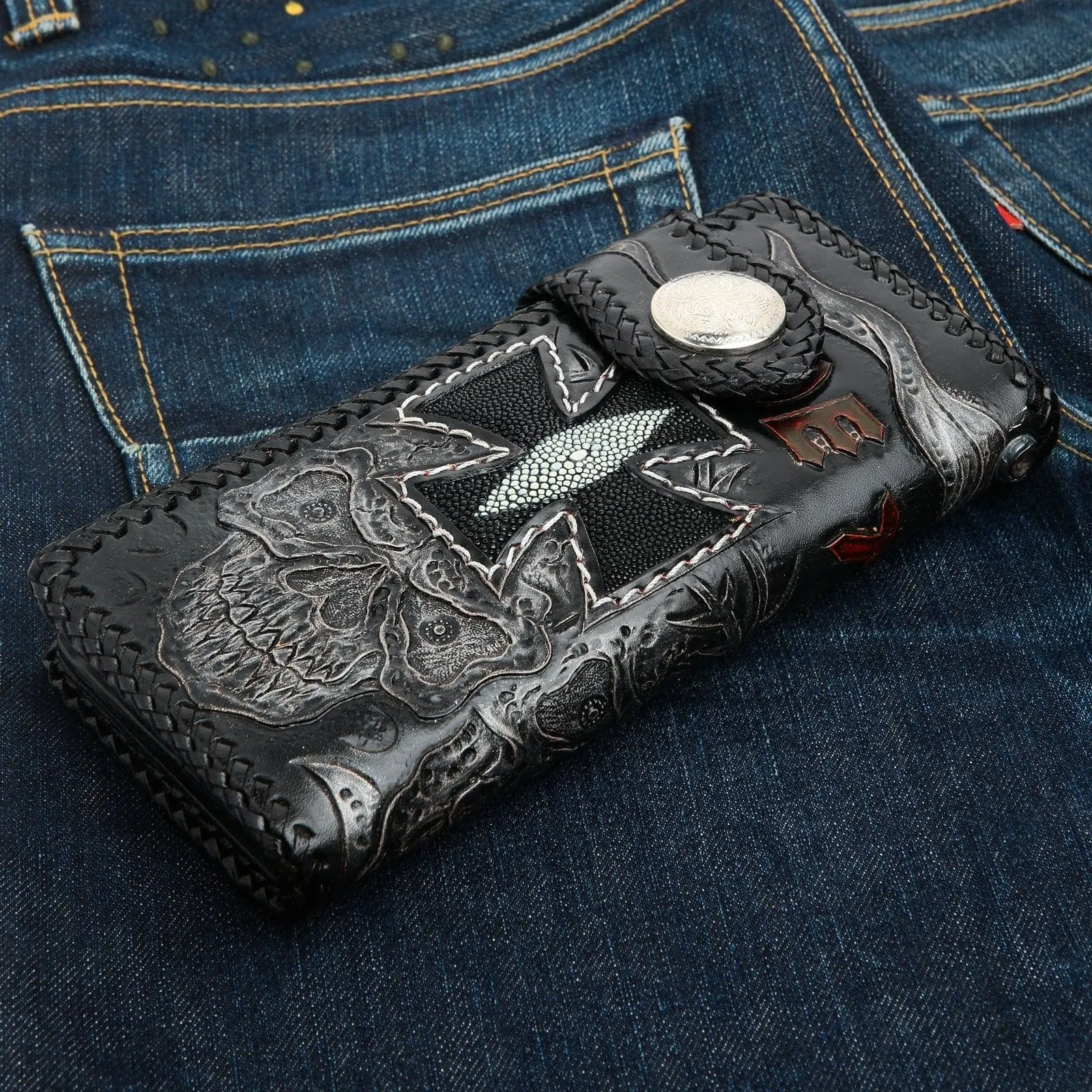 Vintage Skull Genuine Stingray Leather Men's Biker Wallet