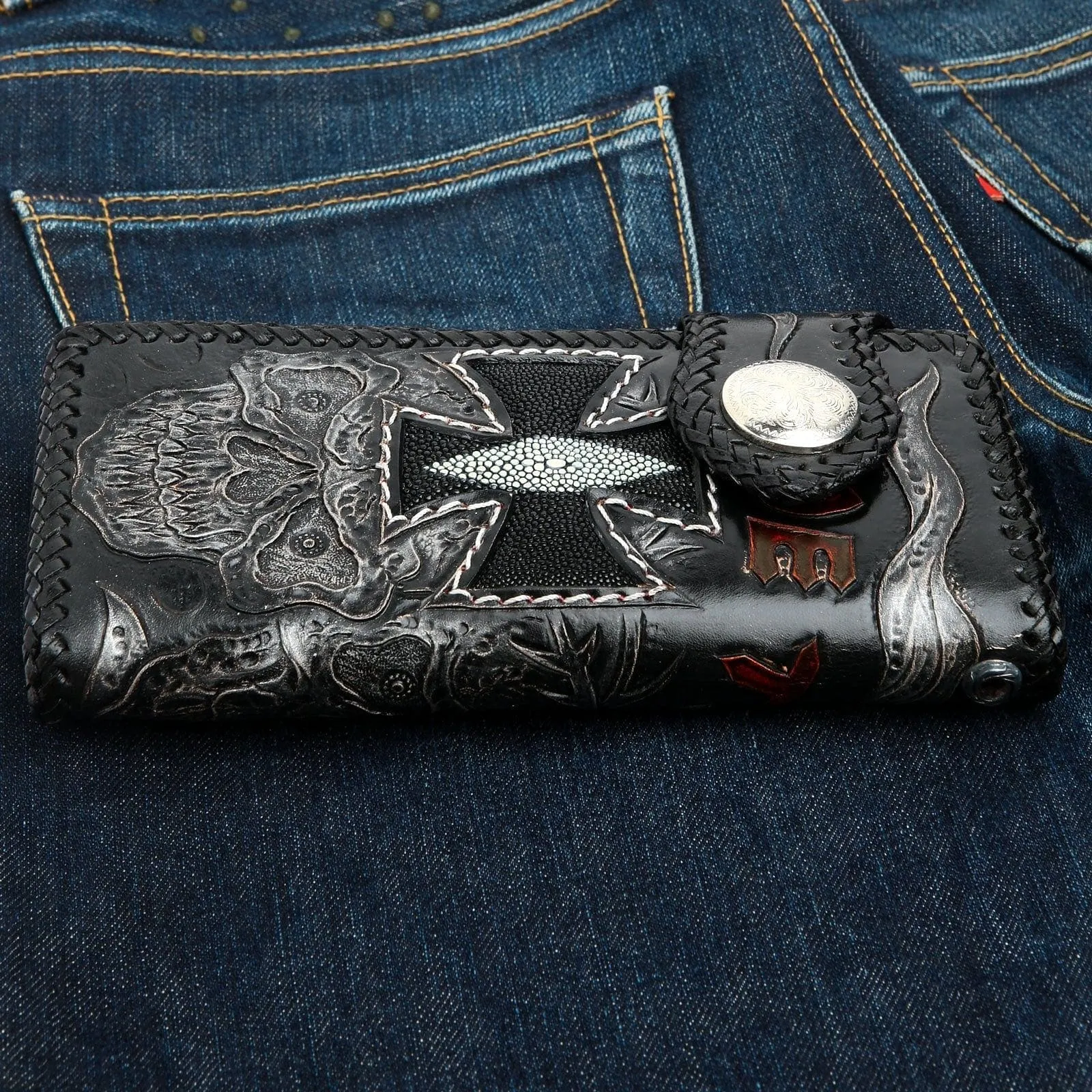 Vintage Skull Genuine Stingray Leather Men's Biker Wallet