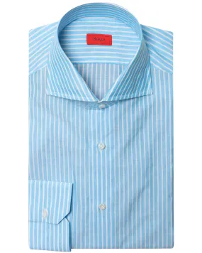 White and Blue Striped Cotton Blend Dress Shirt