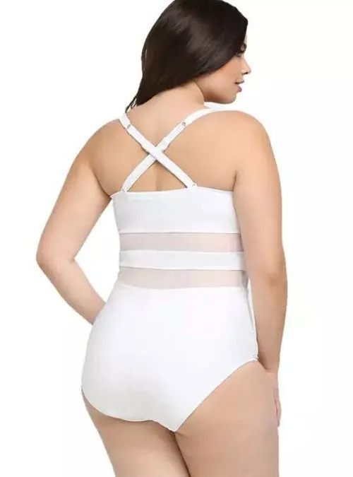 White Mesh Panel Crisscross Back One Piece Plus Size Swimsuit