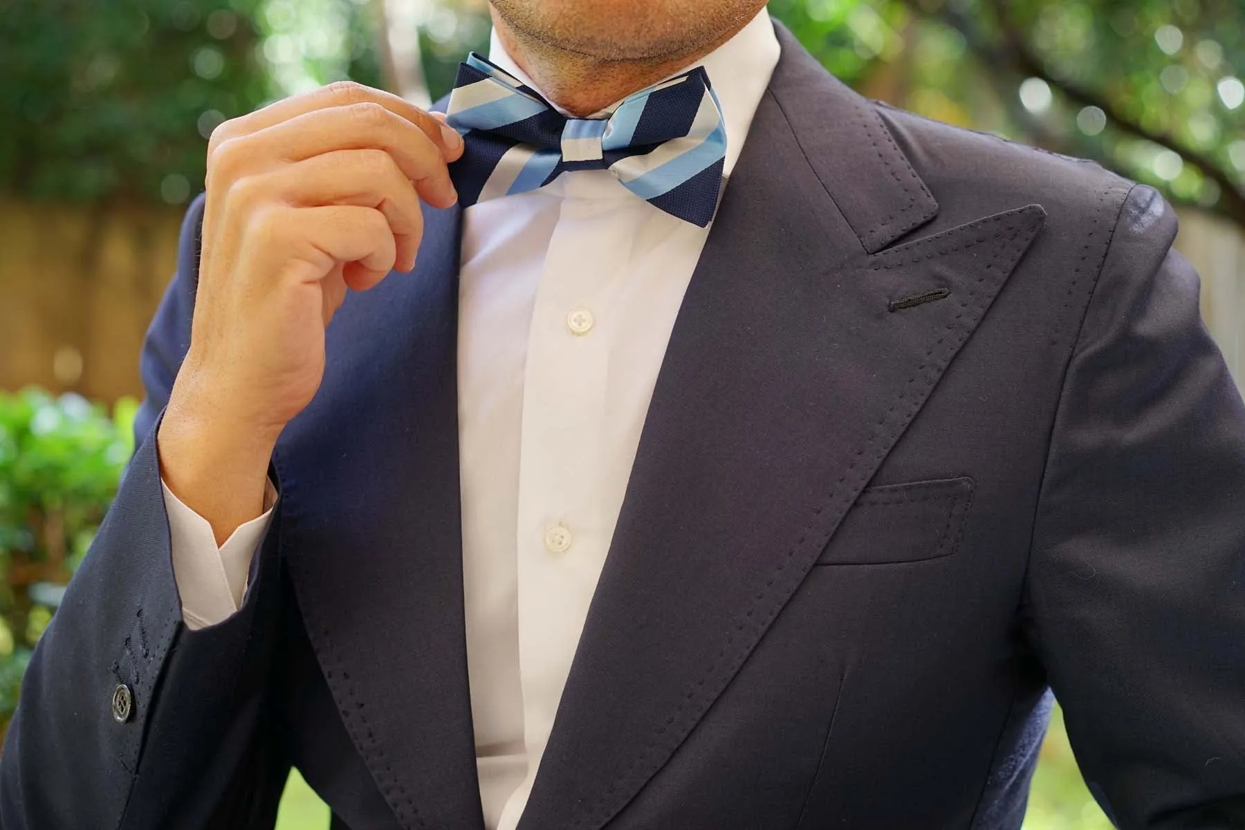 White Navy and Light Blue Striped Bow Tie