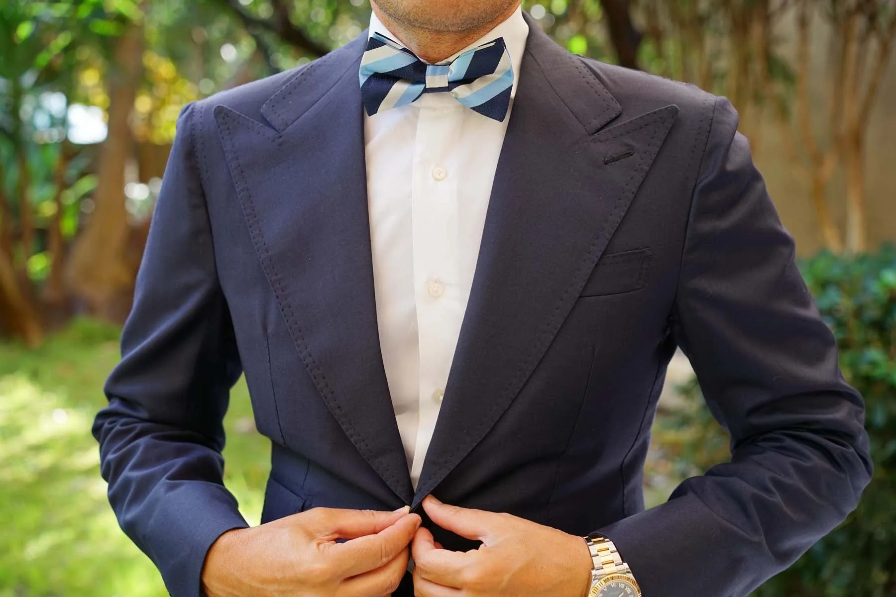 White Navy and Light Blue Striped Bow Tie