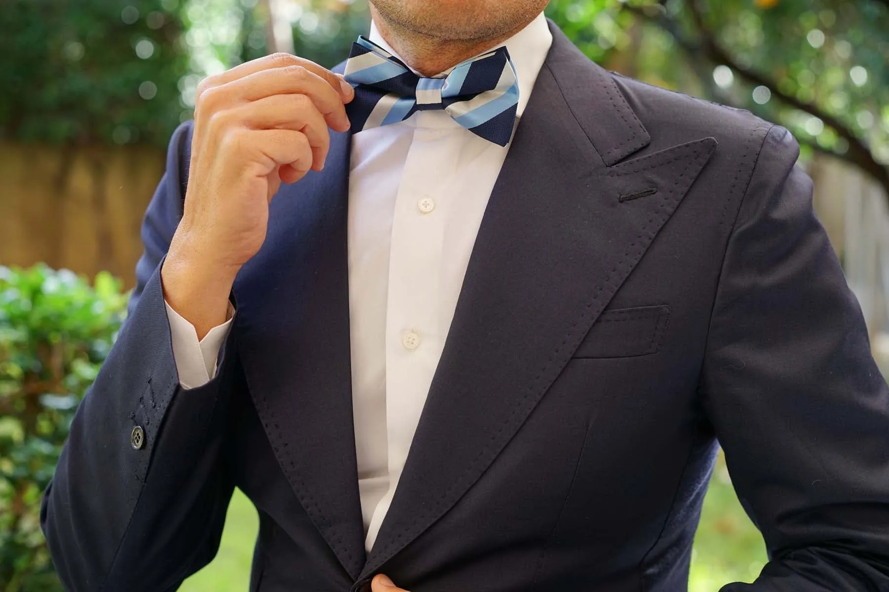 White Navy and Light Blue Striped Bow Tie