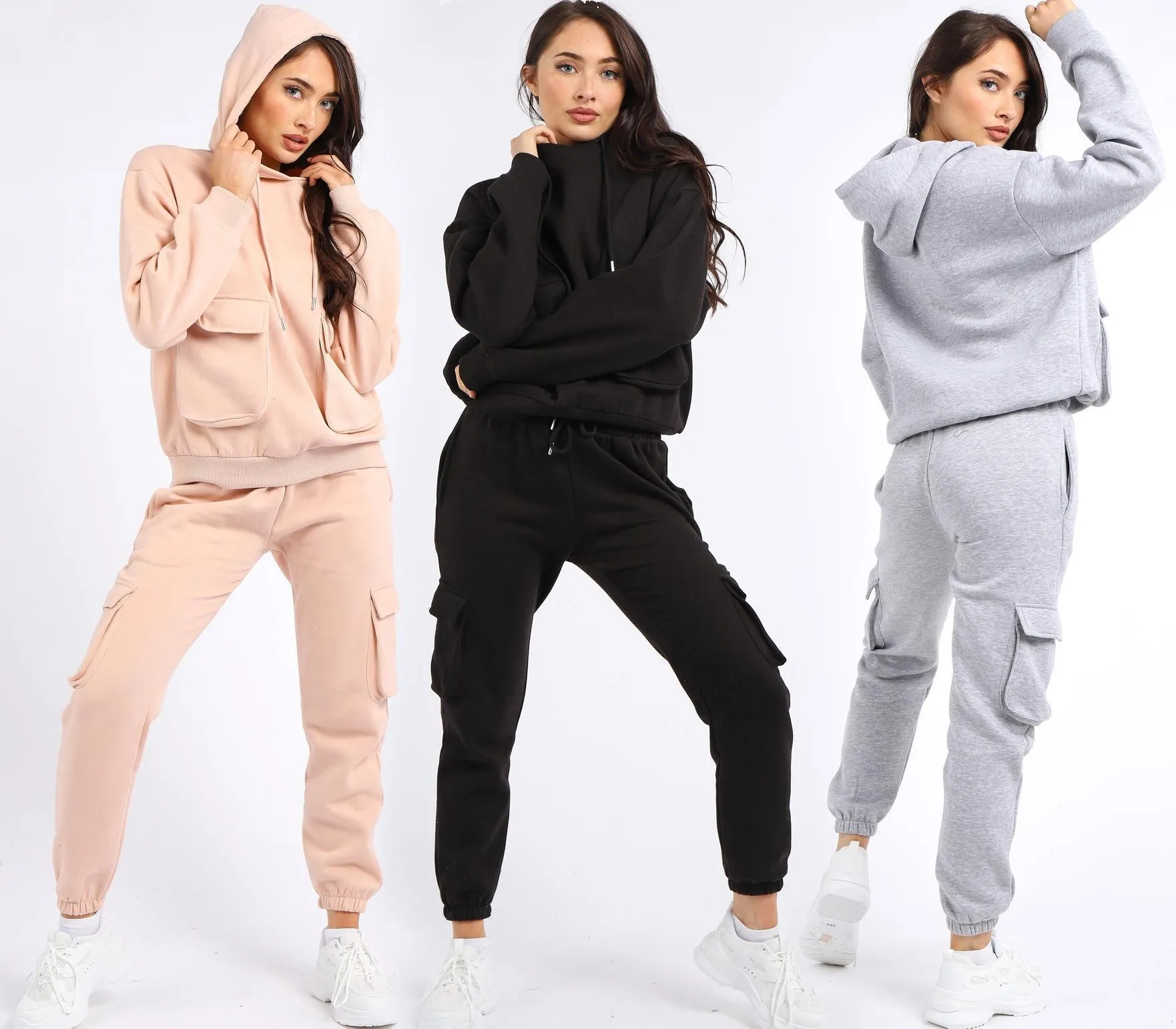 Womens 2 piece loungewear jersey sweatshirt tracksuit, Peach, Black, Grey, UK Sizes 8 to 14