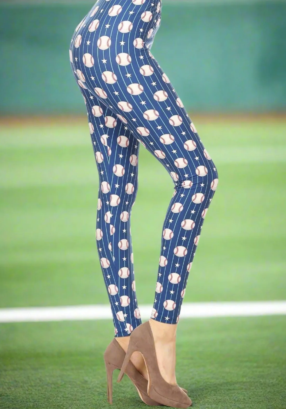 Womens Baseball Leggings, Soft Yoga Pants, Sizes 0-10, No-Roll Waist, Blue/White