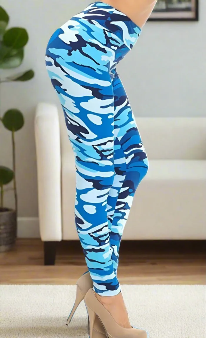 Womens Camouflage Leggings, Soft Yoga Pants, Sizes 0-20, Yoga Waist, Blue