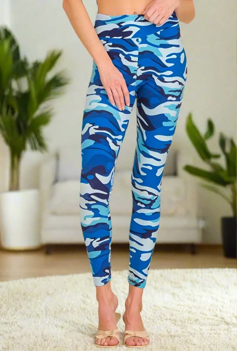 Womens Camouflage Leggings, Soft Yoga Pants, Sizes 0-20, Yoga Waist, Blue