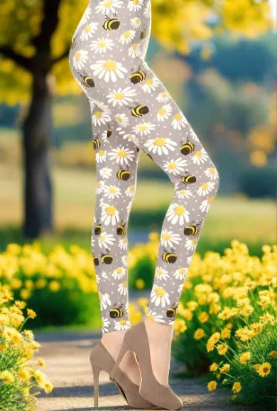 Womens Daisy Bee Leggings, Soft Yoga Pants, Sizes 0-22, Gray/Yellow