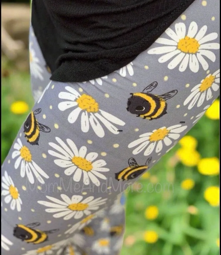 Womens Daisy Bee Leggings, Soft Yoga Pants, Sizes 0-22, Gray/Yellow