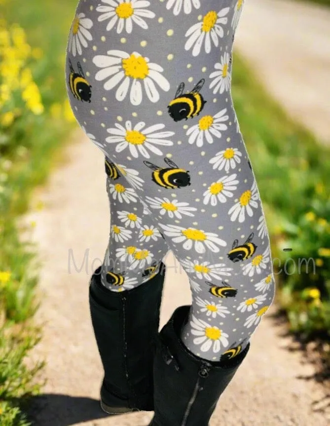 Womens Daisy Bee Leggings, Soft Yoga Pants, Sizes 0-22, Gray/Yellow