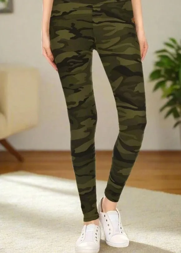 Womens Green Camouflage Leggings Soft Yoga Pants, Sizes 0-18, No-Roll Waist, Green