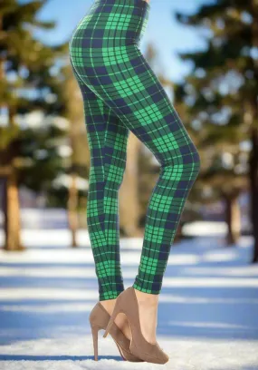 Womens Green Plaid Leggings, Soft Yoga Pants, Sizes 0-18, No-Roll Waist, Blue/Green