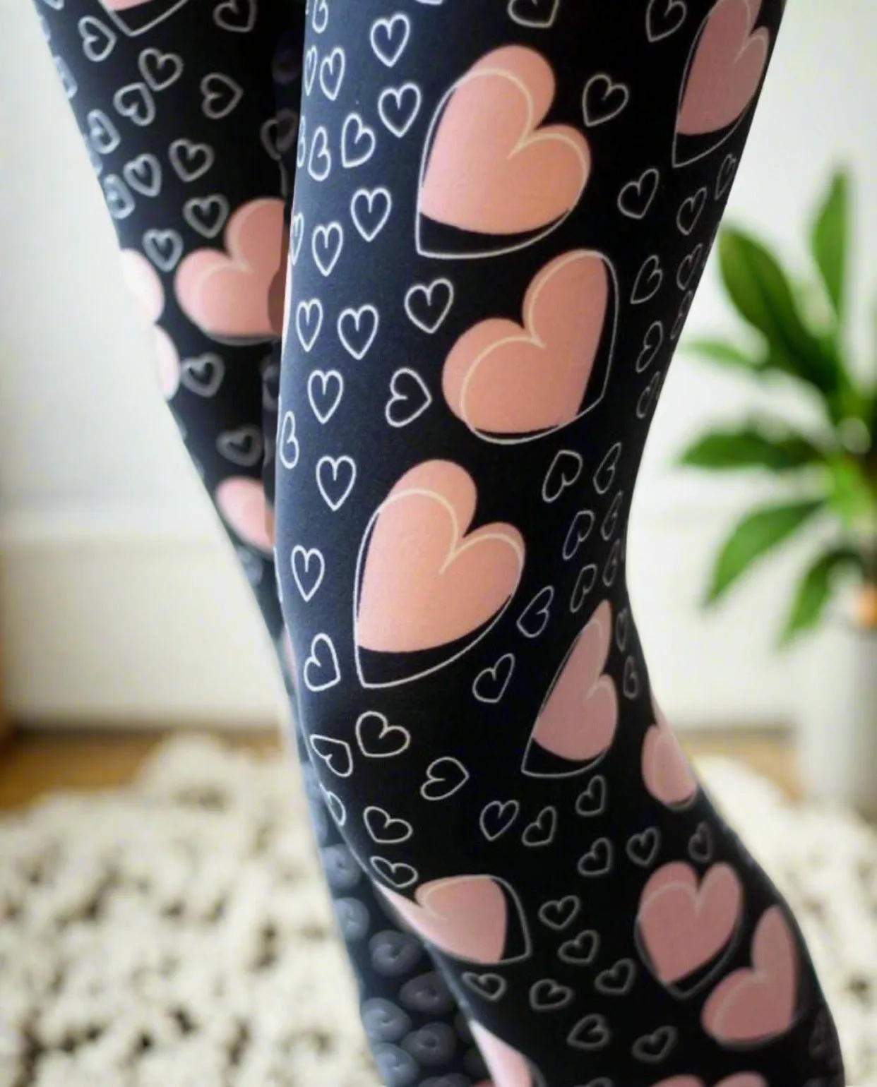 Womens Heart Leggings, Valentines Day Leggings, Soft Yoga Pants, Sizes 0-18, No-Roll Waist, Black/Pink