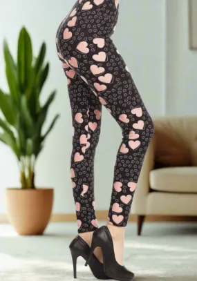 Womens Heart Leggings, Valentines Day Leggings, Soft Yoga Pants, Sizes 0-18, No-Roll Waist, Black/Pink