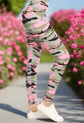 Womens Pink Camouflage Leggings, Soft Yoga Pants, Sizes 0-20, Yoga Waist, Pink/Gray