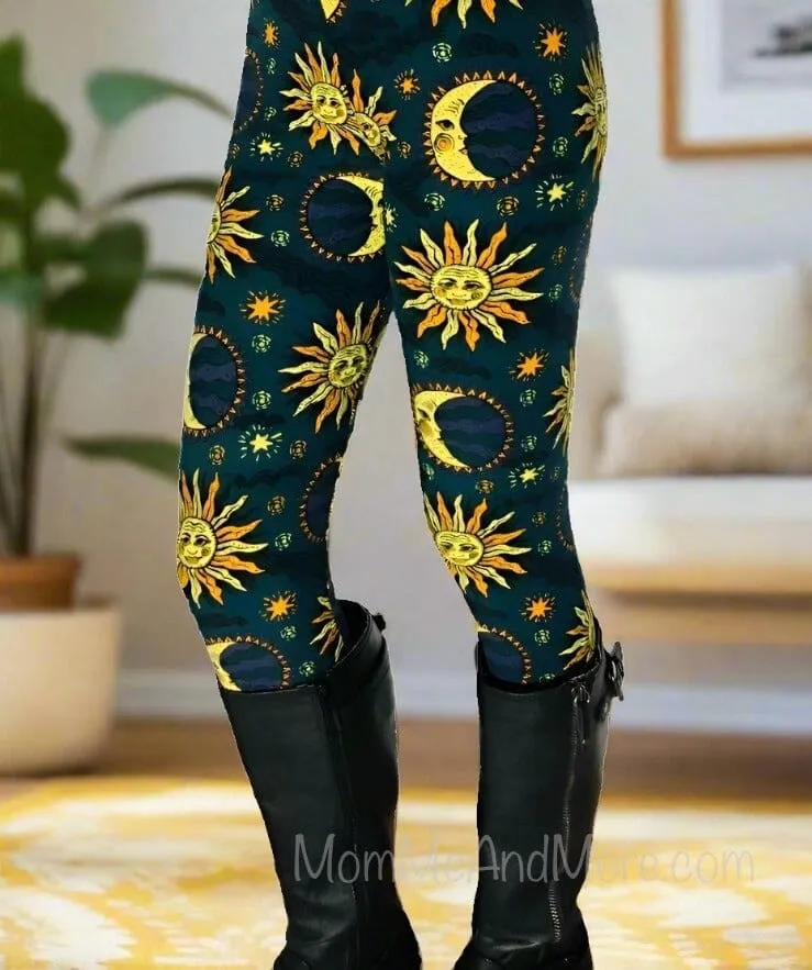 Womens Sun Moon Star Leggings, Soft Yoga Pants, Sizes 0-20, Blue/Yellow