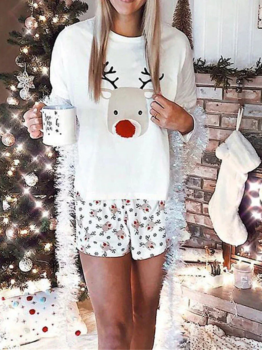 Women's White Festive Elk and Snowflake Christmas Pajama Ensemble