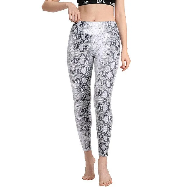 Workout Women Leggings Fashion Snake Print Mid Waist Elastic Push Up Ankle Length Polyester Leggin Casual Femme Leggings