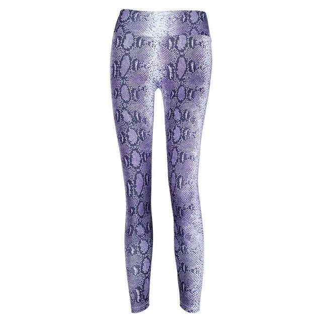 Workout Women Leggings Fashion Snake Print Mid Waist Elastic Push Up Ankle Length Polyester Leggin Casual Femme Leggings