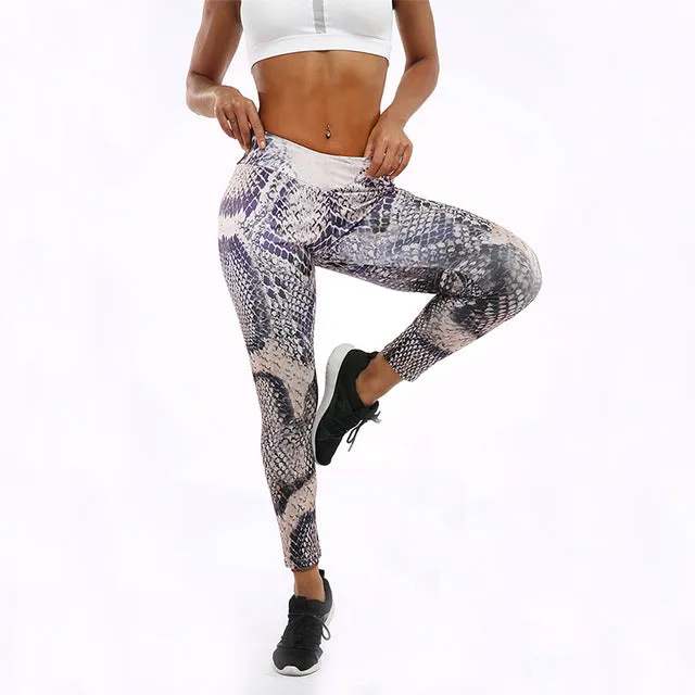 Workout Women Leggings Fashion Snake Print Mid Waist Elastic Push Up Ankle Length Polyester Leggin Casual Femme Leggings